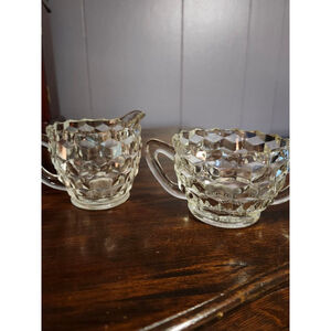 Vintage Jeannette Glass Cube Clear Depression Glass Creamer & Open Sugar Set